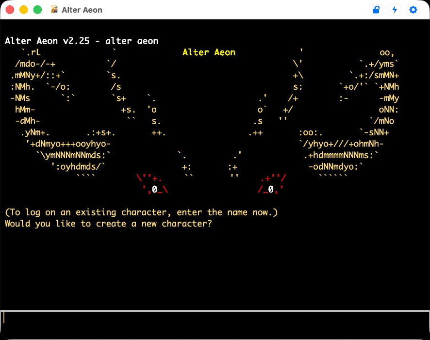 Savitar 2 connected to Alter Aeon — login screen with ASCII art and ANSI colors